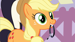 Size: 1600x900 | Tagged: safe, screencap, character:applejack, species:earth pony, species:pony, episode:honest apple, g4, my little pony: friendship is magic, apple family member, behaving like a dog, choker, happy, holding, jewelry, mouth hold, necklace, solo