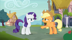 Size: 1600x900 | Tagged: safe, screencap, character:applejack, character:rarity, species:earth pony, species:pony, species:unicorn, episode:honest apple, g4, my little pony: friendship is magic, apple family member, clothing, cowboy hat, duo, hat, looking at eachother, mad, nervous, raised hoof, upset
