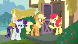 Size: 1600x900 | Tagged: safe, screencap, character:applejack, character:rarity, character:strawberry sunrise, species:earth pony, species:pegasus, species:pony, species:unicorn, episode:honest apple, g4, my little pony: friendship is magic, angry, apple family member, food, half-closed eyes, mad, ponyville, raised hoof, strawberry, trio, unamused