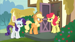 Size: 1600x900 | Tagged: safe, screencap, character:applejack, character:rarity, character:strawberry sunrise, species:earth pony, species:pegasus, species:pony, species:unicorn, episode:honest apple, g4, my little pony: friendship is magic, apple family member, food, half-closed eyes, mad, smug, strawberry, unamused