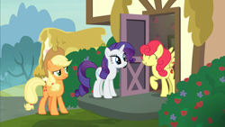 Size: 1600x900 | Tagged: safe, screencap, character:applejack, character:rarity, character:strawberry sunrise, species:earth pony, species:pegasus, species:pony, species:unicorn, episode:honest apple, g4, my little pony: friendship is magic, apple family member, concerned, eyes closed, food, happy, ponyville, smiling, strawberry, trio, unsure, worried