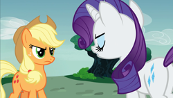 Size: 1600x900 | Tagged: safe, screencap, character:applejack, character:rarity, species:earth pony, species:pony, species:unicorn, episode:honest apple, g4, my little pony: friendship is magic, angry, apple family member, argument, butt, duo, eyes closed, looking at each other, looking at someone, mad, plot