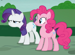 Size: 598x443 | Tagged: safe, screencap, character:pinkie pie, character:rarity, species:earth pony, species:pony, species:unicorn, episode:honest apple, g4, my little pony: friendship is magic, angry, duo, looking at someone, squint, suspicious