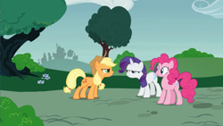Size: 1600x900 | Tagged: safe, screencap, character:applejack, character:pinkie pie, character:rarity, species:earth pony, species:pony, species:unicorn, episode:honest apple, g4, my little pony: friendship is magic, angry, apple family member, argument, clothing, cowboy hat, hat, looking at each other, looking at someone, mad, squint, troi