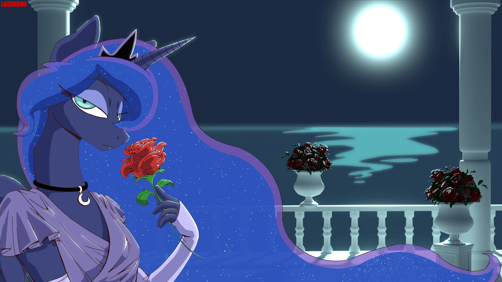 Size: 1920x1080 | Tagged: safe, artist:mateuslaureano, character:princess luna, species:anthro, g4, animated, beautiful, clothing, dress, flower, gif, moon, night, ocean, rose, solo, water