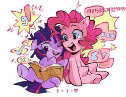 Size: 3248x2500 | Tagged: safe, artist:80653lound, character:pinkie pie, character:twilight sparkle, character:twilight sparkle (unicorn), species:earth pony, species:pony, species:unicorn, ship:twinkie, g4, book, duo, duo female, exclamation point, eyebrows, eyebrows visible through hair, factorial, female, floppy ears, heart, high res, horn, lesbian, mare, math, numbers, one eye closed, open mouth, open smile, reading, shipping, simple background, sitting, smiling, underhoof, white background