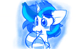 Size: 1280x823 | Tagged: safe, artist:zutcha, character:shining armor, species:pony, species:unicorn, g4, blushing, bust, clothing, colored, colored sketch, cute, eye clipping through hair, eyebrows, eyebrows visible through hair, female, floppy ears, gleaming shield, mare, monochrome, open mouth, open smile, rule 63, sketch, smiling, socks, solo, striped socks
