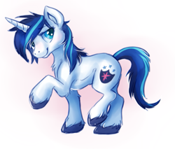 Size: 661x562 | Tagged: dead source, safe, artist:spagglemutt, character:shining armor, species:pony, species:unicorn, g4, colored hooves, cute, female, gleaming shield, gradient background, hooves, looking at you, mare, raised hoof, raised leg, rule 63, simple background, smiling, smiling at you, solo, three quarter view, unshorn fetlocks