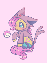Size: 1704x2288 | Tagged: safe, artist:leopardsnaps, character:fluttershy, species:pegasus, species:pony, g4, blushing, clothing, crossover, espeon, hoodie, nintendo, pokémon, pokémon hoodie, raised hoof, sitting, smiling, socks, solo, video game