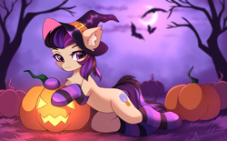 Size: 3489x2160 | Tagged: safe, artist:airiniblock, oc, oc only, oc:fila brightspark, species:earth pony, species:pony, bats, clothing, content, crescent moon, earth pony oc, female, food, forest, forest background, halloween, happy, hat, holiday, jack-o-lantern, lounging, moon, pumpkin, purple background, raffle prize, simple background, socks, spooky, witch hat