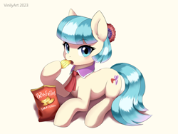 Size: 2570x1928 | Tagged: safe, artist:vinilyart, character:coco pommel, species:earth pony, species:pony, g4, blushing, chips, eating, eyebrows, eyebrows visible through hair, female, food, high res, looking at you, lying down, mare, potato chips, prone, simple background, solo, white background
