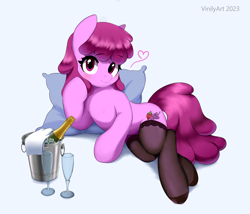 Size: 2304x1971 | Tagged: safe, artist:vinilyart, character:berry punch, character:berryshine, species:earth pony, species:pony, g4, adorasexy, alcohol, berrybetes, blushing, champagne, champagne glass, clothing, cute, drink, eyebrows, eyebrows visible through hair, female, heart, high res, looking at you, mare, pillow, pose, seductive, seductive pose, sexy, simple background, smiling, smiling at you, socks, solo, stockings, thigh highs, wine
