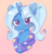 Size: 1789x1873 | Tagged: safe, artist:kaikururu, gameloft, character:trixie, species:pony, species:unicorn, g4, :t, abstract background, alternate hairstyle, babysitter trixie, blushing, bust, chest fluff, clothing, cute, diatrixes, eyebrows, female, gameloft interpretation, gradient background, hoodie, horn, looking at you, mare, no pupils, pigtails, portrait, signature, solo
