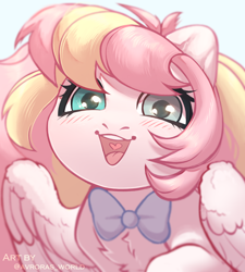 Size: 2700x3000 | Tagged: safe, artist:avroras_world, oc, oc only, oc:ninny, species:pegasus, species:pony, blushing, bow tie, chest fluff, clothing, cute, female, high res, looking at you, mare, ocbetes, open mouth, open smile, pegasus oc, signature, smiling, smiling at you, solo, wings
