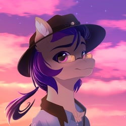 Size: 4000x4000 | Tagged: safe, artist:nettlemoth, oc, oc only, oc:fila brightspark, species:earth pony, species:pony, chest fluff, clothing, cloud, cloudy, content, earth pony oc, glasses, happy, hat, jacket, ponytail, solo, sunset, vest