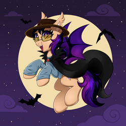 Size: 4000x4000 | Tagged: safe, artist:confetticakez, oc, oc only, oc:fila brightspark, species:bat, species:bat pony, species:pony, bat ears, bat ponified, bat wings, cape, clothing, cloud, fangs, female, flying, full moon, hat, jacket, looking at you, mare, moon, night, night sky, open mouth, open smile, outdoors, race swap, sharp teeth, sky, slit pupils, smiling, smiling at you, solo, spread wings, stars, wings, ych result, your character here