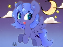 Size: 4000x3000 | Tagged: safe, artist:zokkili, character:princess luna, species:alicorn, species:pony, g4, beanbrows, cloud, crescent moon, cute, ear fluff, eyebrows, eyebrows visible through hair, female, filly, filly luna, gradient background, high res, horn, looking at you, lunabetes, moon, open mouth, open smile, signature, smiling, smiling at you, solo, spread wings, stars, wings, woona, younger