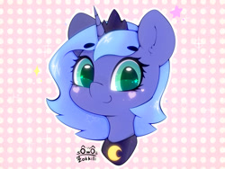 Size: 4000x3000 | Tagged: safe, artist:zokkili, character:princess luna, species:alicorn, species:pony, g4, abstract background, bust, cute, ear fluff, eyebrows, eyebrows visible through hair, female, heart, high res, horn, looking at you, lunabetes, portrait, signature, smiling, smiling at you, solo, sparkles, starry eyes, wingding eyes