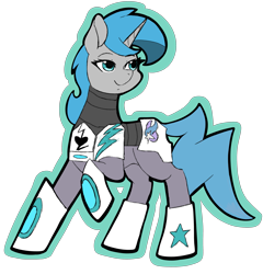 Size: 3359x3501 | Tagged: safe, artist:thechimerasden, oc, oc only, oc:tango starfall, species:pony, species:unicorn, armor, blue hair, blue tail, concave belly, crossover, female, gray coat, horn, mare, power armor, science fiction, simple background, smiling, solo, tail, transparent background