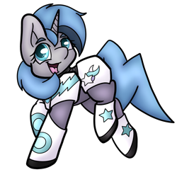 Size: 1200x1200 | Tagged: safe, artist:moonbeam designs, oc, oc only, oc:tango starfall, species:pony, species:unicorn, armor, armored pony, blue hair, blue tail, crossover, happy, horn, power armor, science fiction, simple background, smiling, solo, tail, transparent background, trotting, walking
