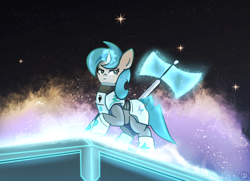 Size: 2648x1912 | Tagged: safe, artist:chaosmauser, oc, oc only, oc:tango starfall, species:pony, species:unicorn, armor, armored pony, axe, blue eyes, blue hair, blue tail, building, cloud, cloudy, crossover, female, gray coat, haze, horn, laser axe, mare, power armor, rooftop, science fiction, solo, stars, tail, weapon