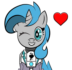 Size: 1772x1716 | Tagged: safe, artist:vareb, oc, oc only, oc:tango starfall, species:pony, species:unicorn, armor, armored pony, blue eyes, blue hair, blue mane, blue tail, crossover, female, flirting, heart, mare, one eye closed, power armor, simple background, smiling, solo, tail, transparent background, wink