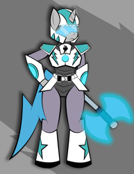 Size: 2550x3300 | Tagged: safe, artist:vareb, oc, oc only, oc:tango starfall, species:anthro, species:plantigrade anthro, species:pony, species:unicorn, armor, armored pony, axe, blue tail, clothing, crossover, female, hat, helmet, hips, laser axe, mare, power armor, science fiction, solo, tail, visor, weapon