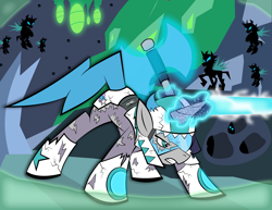 Size: 3300x2550 | Tagged: safe, artist:vareb, oc, oc:tango starfall, species:changeling, species:pony, species:unicorn, angry, armor, armored pony, axe, battle axe, battle stance, beam, blue eyes, blue hair, blue mane, blue tail, boots, cave, changeling hive, clothing, crossover, female, fight, glare, glowing, gritted teeth, hat, helmet, horn, laser, laser axe, magic, mare, power armor, rock, shoes, surrounded, tail, teeth, torn clothes, visor, weapon