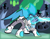 Size: 3300x2550 | Tagged: safe, artist:vareb, oc, oc only, oc:tango starfall, species:changeling, species:pony, species:unicorn, angry, armor, armored pony, axe, battle axe, battle stance, beam, blue eyes, blue hair, blue mane, blue tail, boots, cave, changeling hive, clothing, crossover, female, fight, glare, glowing, gritted teeth, hat, helmet, horn, laser, laser axe, magic, mare, power armor, rock, shoes, surrounded, tail, teeth, torn clothes, visor, weapon