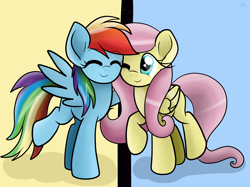 Size: 6700x5000 | Tagged: safe, artist:enviaart, artist:envygirl95, character:fluttershy, character:rainbow dash, species:pegasus, species:pony, episode:fame and misfortune, g4, my little pony: friendship is magic, absurd resolution, cute, duo, duo female, eyes closed, female, flawless, folded wings, hug, mare, one eye closed, raised hoof, raised leg, scene interpretation, smiling, spread wings, wings