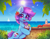 Size: 4000x3100 | Tagged: safe, alternate version, artist:radioaxi, oc, oc only, oc:nohra, species:crab, species:earth pony, species:pony, beach, coconut cup, commission, crepuscular rays, earth pony oc, eyebrows, eyebrows visible through hair, female, flower, flower in hair, high res, hoof hold, looking at you, mare, ocean, open mouth, open smile, outdoors, sky, smiling, smiling at you, solo, summer, sun, water, ych result