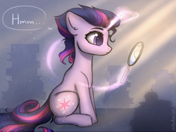 Size: 2000x1500 | Tagged: safe, artist:radioaxi, character:twilight sparkle, character:twilight sparkle (unicorn), species:pony, species:unicorn, g4, alternate hairstyle, dialogue, eyebrows, female, glowing horn, horn, levitation, looking at something, magic, mare, mirror, profile, reflection, sitting, solo, speech bubble, telekinesis