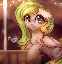 Size: 2220x2271 | Tagged: safe, artist:radioaxi, oc, oc only, oc:fruity extra, species:pegasus, species:pony, g4, alcohol, chest fluff, cocktail, cocktail glass, colored eyebrows, commission, drink, eye clipping through hair, eyebrows, eyebrows visible through hair, female, folded wings, food, high res, lemon, looking at you, mare, pegasus oc, smiling, smiling at you, solo, string lights, wings, ych result