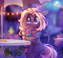 Size: 3345x3100 | Tagged: safe, artist:radioaxi, oc, oc only, oc:libra lavanda, species:earth pony, species:pony, bendy straw, bubble tea, chair, clothing, coin, commission, drink, drinking, drinking straw, earth pony oc, eyebrows, female, glasses, high res, mare, money, outdoors, scarf, sitting, solo, string lights, table, umbrella, ych result