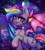 Size: 2786x3100 | Tagged: safe, artist:radioaxi, oc, oc only, species:bat pony, species:pony, bat pony oc, bat wings, bow tie, chest fluff, clothing, cloud, eye clipping through hair, eyebrows, eyebrows visible through hair, fangs, female, full moon, heterochromia, looking at you, mare, moon, multicolored hair, night, night sky, open mouth, open smile, outdoors, rainbow hair, rainbow tail, raised hoof, sharp teeth, sky, slit pupils, smiling, smiling at you, solo, spread wings, tail, tree, wings