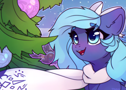 Size: 3569x2565 | Tagged: safe, artist:radioaxi, oc, oc only, species:pony, christmas, christmas tree, clothing, colored eyebrows, commission, eyebrows, eyebrows visible through hair, high res, holiday, open mouth, open smile, scarf, smiling, solo, tree