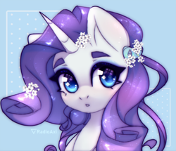 Size: 3223x2775 | Tagged: safe, artist:radioaxi, character:rarity, species:pony, species:unicorn, g4, blue background, bust, colored eyebrows, cute, eyebrows, female, flower, flower in hair, high res, horn, looking at you, mare, raribetes, simple background, solo, three quarter view