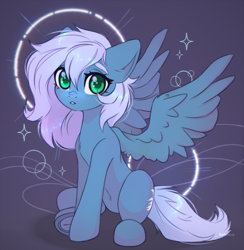 Size: 2335x2388 | Tagged: safe, artist:radioaxi, oc, oc only, oc:vesperal breeze, species:pegasus, species:pony, g4, abstract background, belly, belly button, colored eyebrows, colored pupils, eyebrows, female, high res, looking at you, mare, pegasus oc, sitting, solo, spread wings, three quarter view, underhoof, wings
