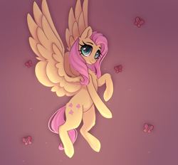 Size: 1948x1807 | Tagged: safe, artist:alixxie04, character:fluttershy, species:pegasus, species:pony, g4, butterfly, chest fluff, cute, eyebrows, female, gradient background, looking at you, mare, raised hoof, shyabetes, smiling, smiling at you, solo, spread wings, three quarter view, wings