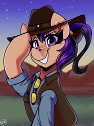 Size: 1350x1800 | Tagged: safe, artist:shadowreindeer, oc, oc only, oc:fila brightspark, species:earth pony, species:pony, clothing, cowboy, earth pony oc, glasses, happy, hat, jacket, looking at you, ponytail, salute, smiling, smiling at you, solo, vest, western