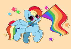 Size: 6432x4432 | Tagged: safe, artist:kittyrosie, character:rainbow dash, species:pegasus, species:pony, g4, absurd resolution, cute, dashabetes, eyelashes, female, flag, flag pole, holding, looking at you, mare, mouth hold, pride, pride flag, signature, simple background, smiling, smiling at you, solo, spread wings, stars, tail, wings