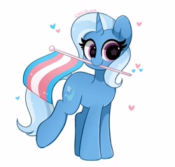 Size: 3681x3512 | Tagged: safe, artist:kittyrosie, character:trixie, species:pony, species:unicorn, g4, blushing, cute, diatrixes, female, flag, flag pole, heart, high res, holding, horn, looking at you, mare, mouth hold, pride, pride flag, raised leg, signature, simple background, smiling, smiling at you, solo, starry eyes, trans female, trans trixie, transgender, transgender pride flag, white background, wingding eyes