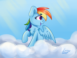 Size: 4000x3000 | Tagged: safe, artist:lazybread, character:rainbow dash, species:pegasus, species:pony, g4, chest fluff, cloud, colored eyebrows, crepuscular rays, eyebrows, eyebrows visible through hair, female, high res, looking sideways, mare, on a cloud, open mouth, open smile, outdoors, profile, raised hoof, signature, sky, smiling, solo, wings