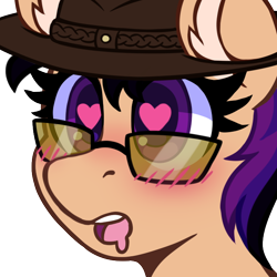 Size: 640x640 | Tagged: safe, artist:dandy, oc, oc only, oc:fila brightspark, species:earth pony, species:pony, clothing, drool, earth pony oc, female, glasses, hat, heart, heart eyes, in awe, mare, solo, wingding eyes