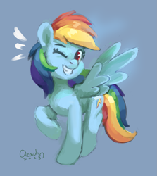 Size: 1433x1606 | Tagged: safe, artist:aemuhn, character:rainbow dash, species:pegasus, species:pony, g4, blue background, emanata, eyebrows, female, grin, looking at you, mare, one eye closed, raised hoof, signature, simple background, smiling, smiling at you, solo, spread wings, wings, wink, winking at you