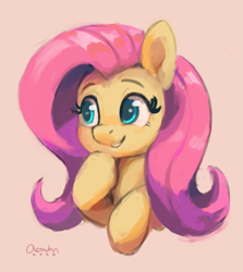 Size: 1433x1606 | Tagged: safe, artist:aemuhn, character:fluttershy, species:pegasus, species:pony, g4, bust, cute, eyebrows, female, hoof on chin, hooves, mare, portrait, raised hoof, shyabetes, signature, simple background, smiling, solo
