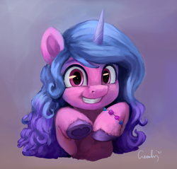 Size: 2588x2470 | Tagged: safe, artist:aemuhn, character:izzy moonbow, species:pony, species:unicorn, g5, my little pony: a new generation, bracelet, bust, colored eyebrows, colored hooves, cute, eyebrows, female, gradient background, gradient hair, grin, heart hooves, high res, hoof heart, hooves, horn, izzybetes, jewelry, looking at you, mare, multicolored hair, signature, smiling, smiling at you, solo, underhoof, unshorn fetlocks, upside-down hoof heart