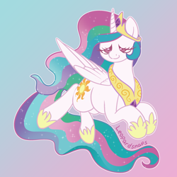 Size: 3000x3000 | Tagged: safe, artist:leopardsnaps, character:princess celestia, species:alicorn, species:pony, g4, crown, cute, eyes half closed, female, gradient background, gradient hair, jewelry, lidded eyes, lying down, mare, multicolored hair, regalia, simple background, solo