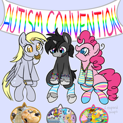 Size: 3000x3000 | Tagged: safe, artist:leopardsnaps, character:derpy hooves, character:gummy, character:pinkie pie, character:rarity, oc, oc:crystal nightshine, species:earth pony, species:pegasus, species:pony, species:unicorn, g4, accessories, arm warmers, autism, banner, barrette, bracelet, chewing, clothing, colored hooves, convention, cute, flower, food, gradient hooves, hooves, implied applejack, implied cheese sandwich, implied cheesepie, implied doctor whooves, implied fluttershy, implied gummy, implied mane six, implied maud pie, implied pinkie pie, implied rainbow dash, implied rarity, implied shipping, implied starlight glimmer, implied trixie, implied twilight sparkle, jewelry, kandi, lanyard, muffin, necklace, socks, speech bubble, stimming, sunflower, talking, trio, unshorn fetlocks