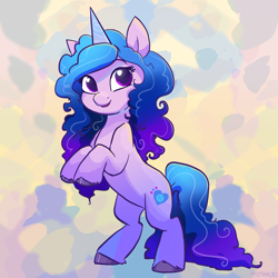 Size: 2048x2048 | Tagged: safe, artist:pfeffaroo, character:izzy moonbow, species:pony, species:unicorn, g5, abstract background, colored eyebrows, colored hooves, cute, eyebrows, female, gradient hair, high res, hooves, horn, izzybetes, looking at you, mare, multicolored hair, open mouth, open smile, rearing, smiling, smiling at you, solo, unshorn fetlocks